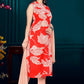Red & Peach Abstract Printed Cotton Blend Kurta Set with Tie-Up Neck and Solid Dupatta