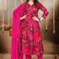 Magenta Pink Floral Printed Silk Blend Kurta Set with Solid Chiffon Dupatta