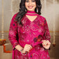 Magenta Pink Floral Printed Silk Blend Kurta Set with Solid Chiffon Dupatta