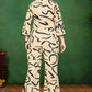 Beige & Black Abstract Print Silk Blend Co-ord Set with Polo Neck Top and Trousers
