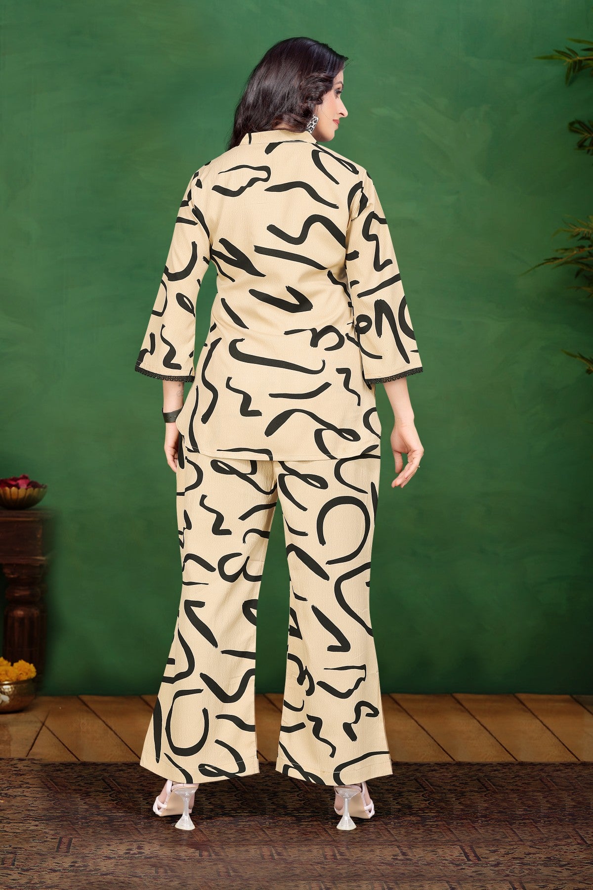 Beige & Black Abstract Print Silk Blend Co-ord Set with Polo Neck Top and Trousers