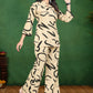 Beige & Black Abstract Print Silk Blend Co-ord Set with Polo Neck Top and Trousers