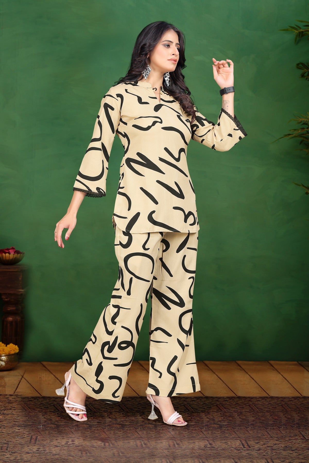 Beige & Black Abstract Print Silk Blend Co-ord Set with Polo Neck Top and Trousers