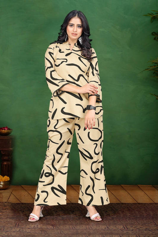 Beige & Black Abstract Print Silk Blend Co-ord Set with Polo Neck Top and Trousers