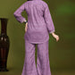 Plum Purple Self Design Pure Silk Cord Set with Shirt Collar and Embroidered Sleeve Detail
