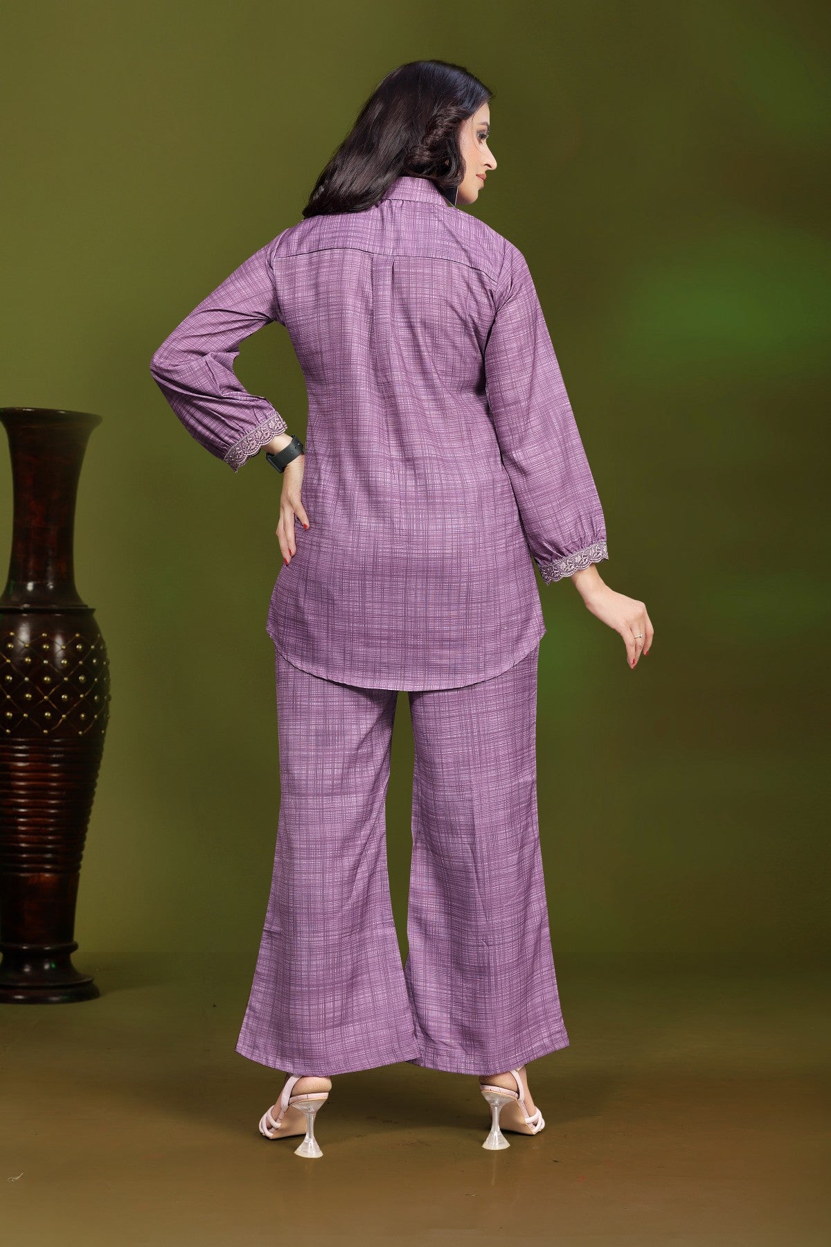 Plum Purple Self Design Pure Silk Cord Set with Shirt Collar and Embroidered Sleeve Detail