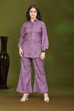 Plum Purple Self Design Pure Silk Cord Set with Shirt Collar and Embroidered Sleeve Detail
