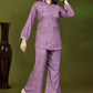 Plum Purple Self Design Pure Silk Cord Set with Shirt Collar and Embroidered Sleeve Detail