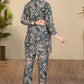 Teal Abstract Print Co-Ord Set in Viscose Rayon with Mandarin Collar Shirt