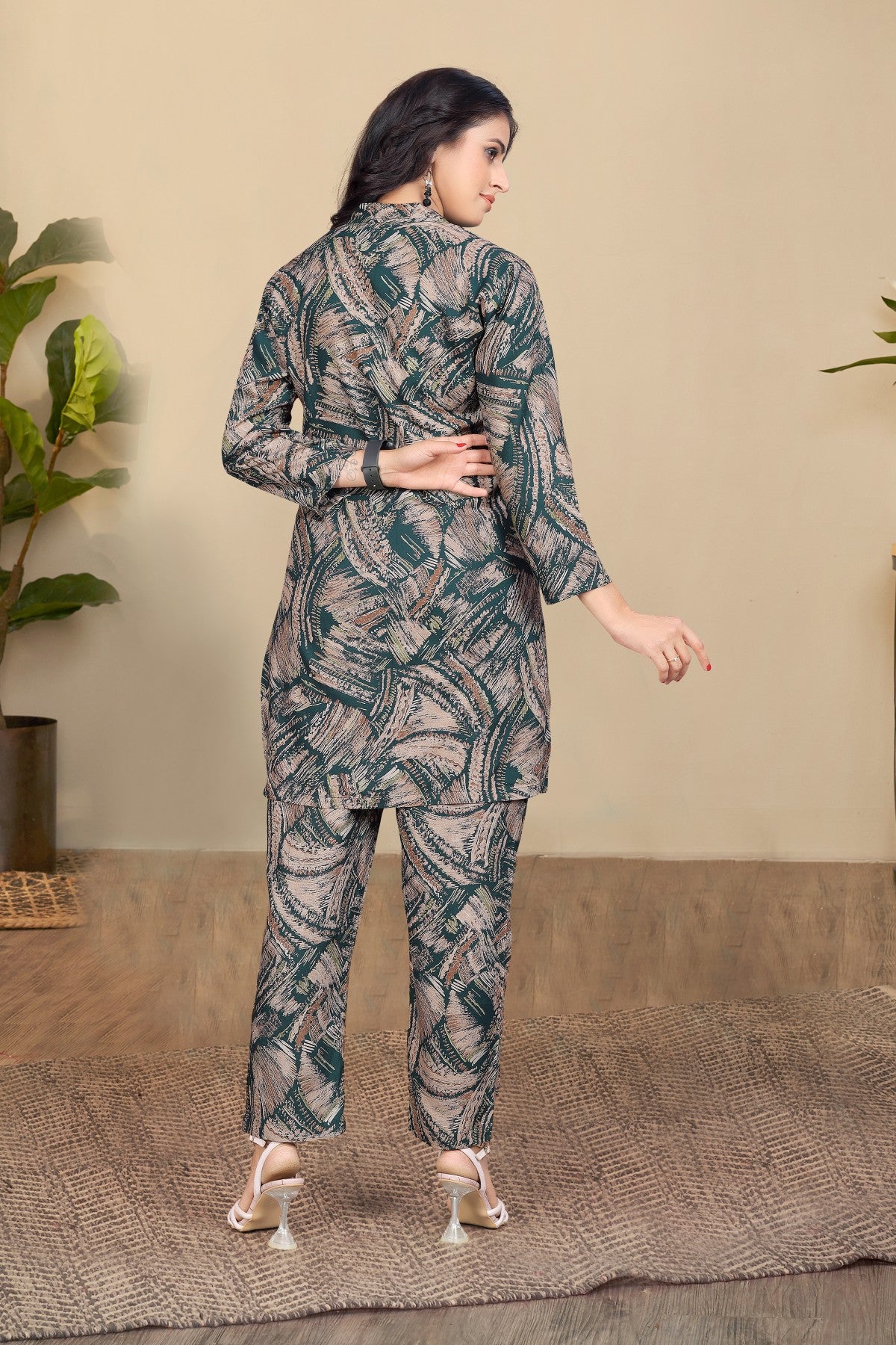 Teal Abstract Print Co-Ord Set in Viscose Rayon with Mandarin Collar Shirt