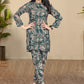 Teal Abstract Print Co-Ord Set in Viscose Rayon with Mandarin Collar Shirt