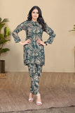 Teal Abstract Print Co-Ord Set in Viscose Rayon with Mandarin Collar Shirt