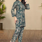 Teal Abstract Print Co-Ord Set in Viscose Rayon with Mandarin Collar Shirt