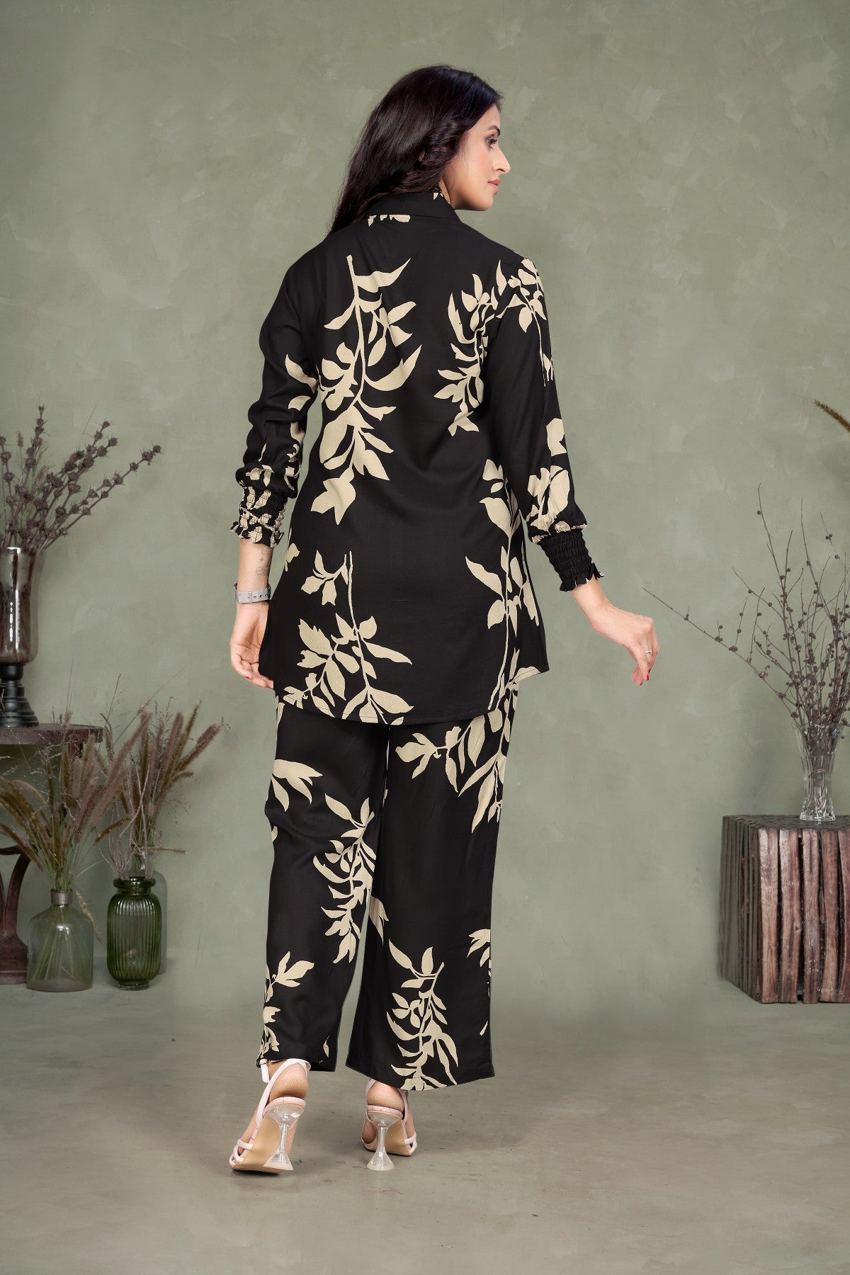 Elegant Black & Beige Leaf Print Co-ord Set in Viscose Rayon