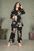 Elegant Black & Beige Leaf Print Co-ord Set in Viscose Rayon