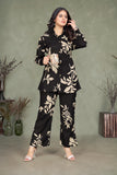 Elegant Black & Beige Leaf Print Co-ord Set in Viscose Rayon