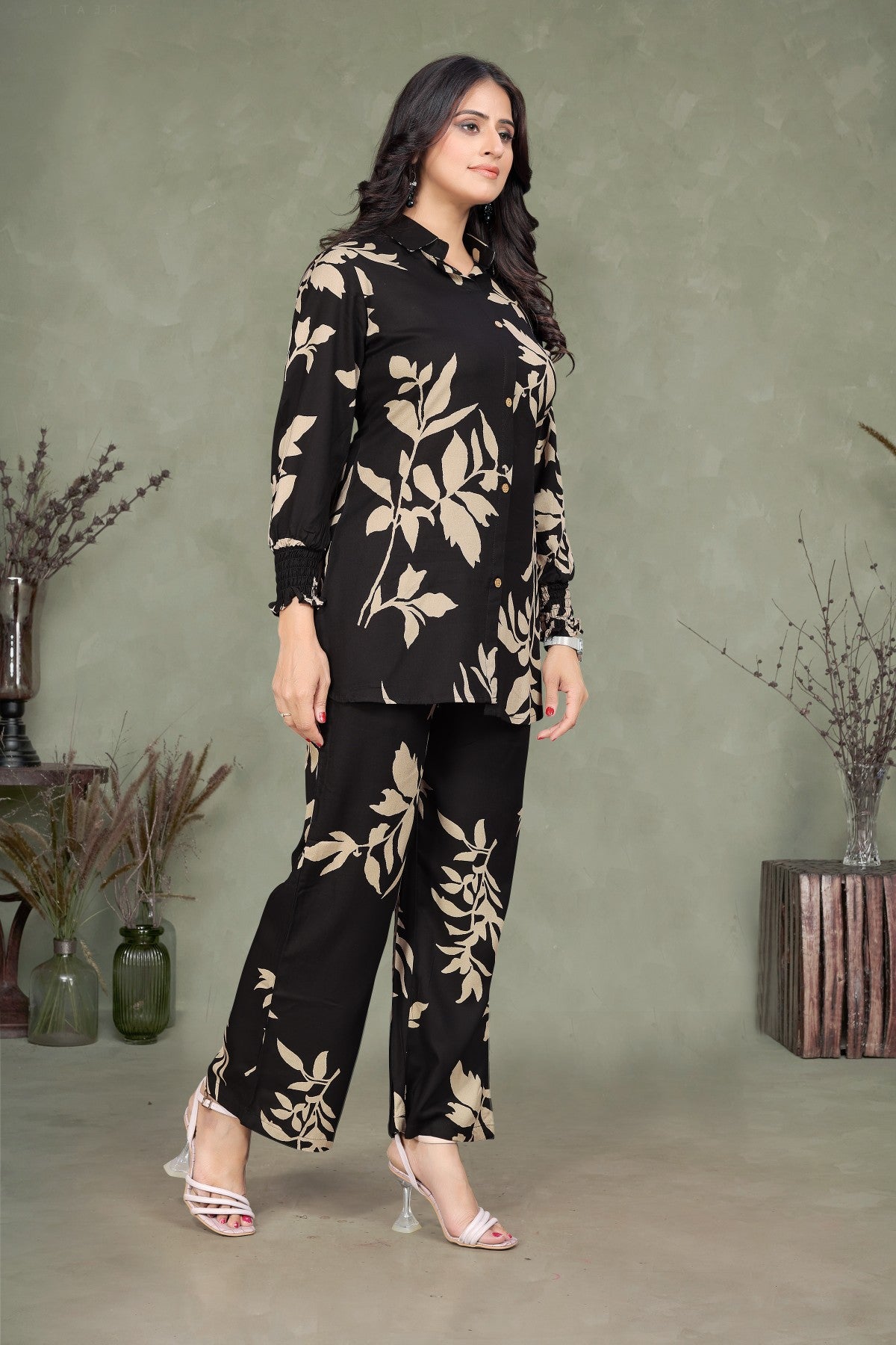 Elegant Black & Beige Leaf Print Co-ord Set in Viscose Rayon
