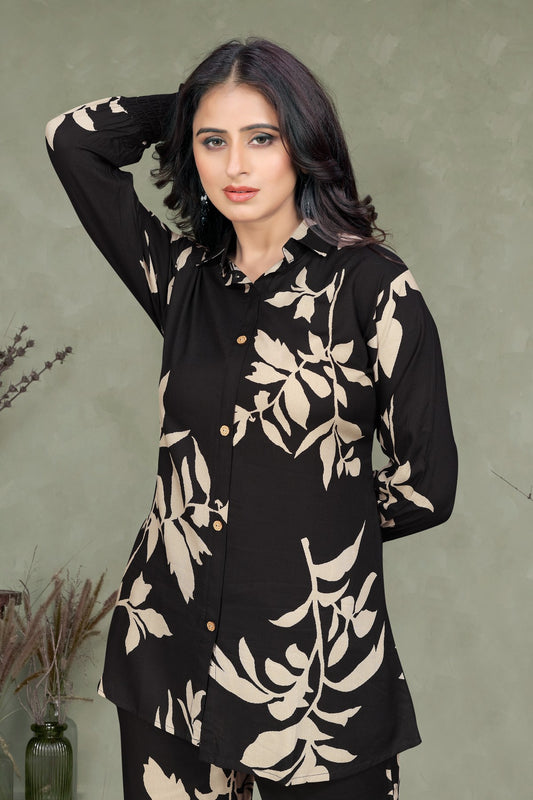 Elegant Black & Beige Leaf Print Co-ord Set in Viscose Rayon