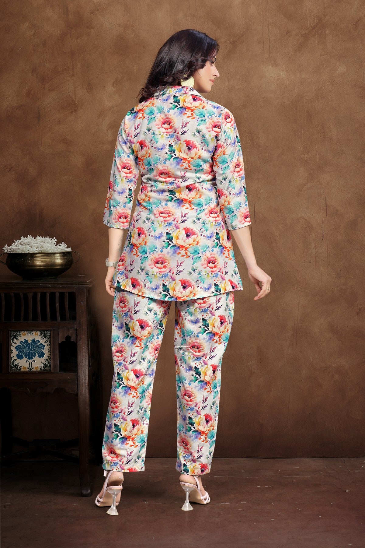 White Floral Cotton Co-Ord Set with Multicolor Bloom Print