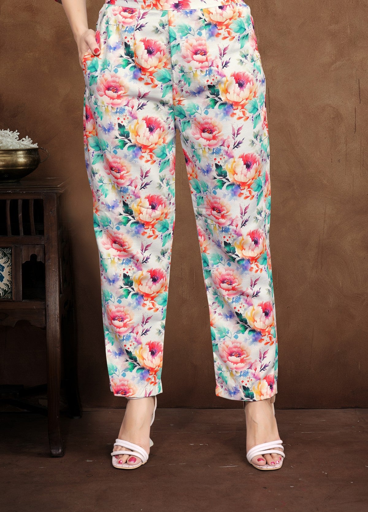 White Floral Cotton Co-Ord Set with Multicolor Bloom Print