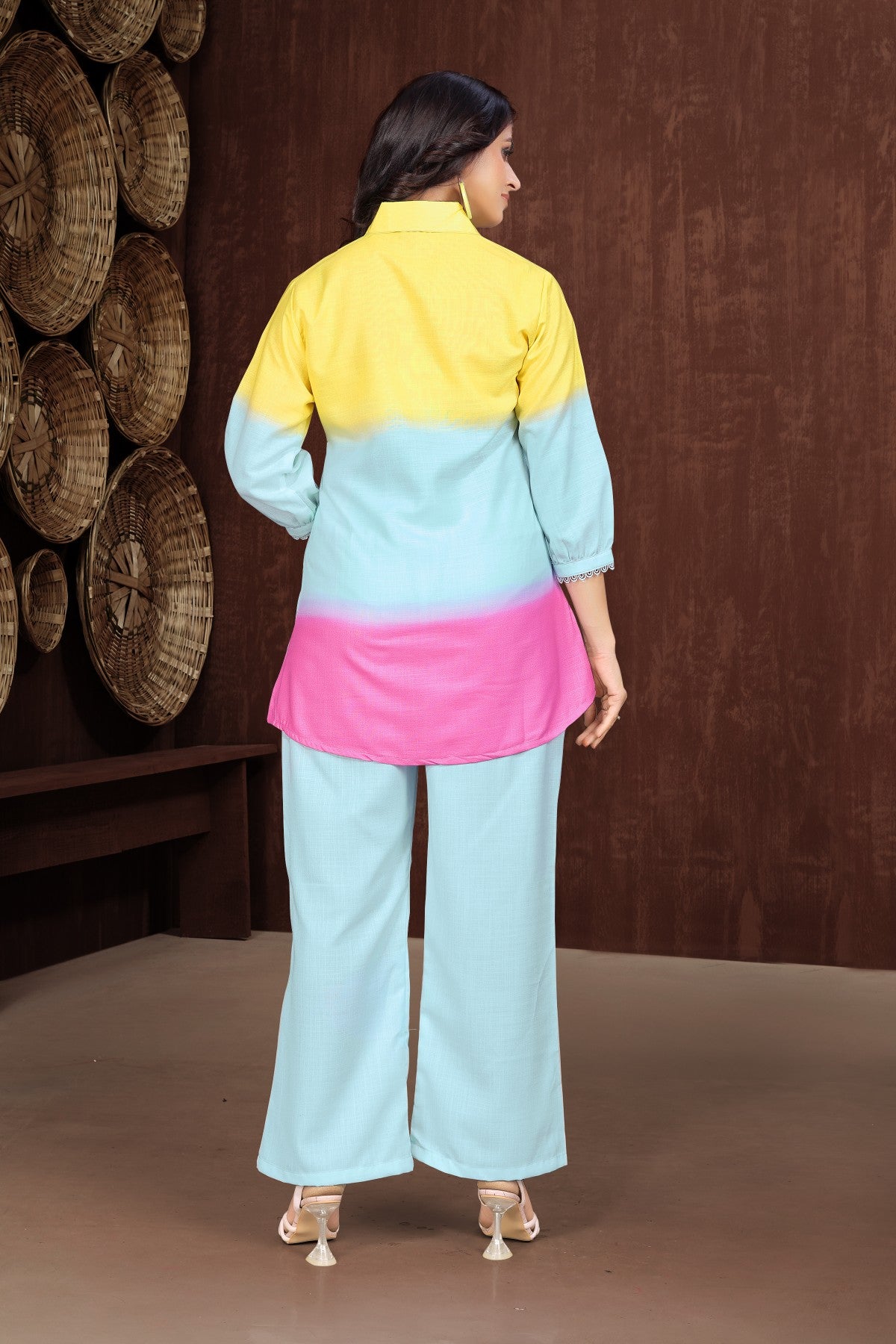 Sunshine Gradient Co-Ord Set – Yellow, Blue & Pink Shirt with Solid Blue Trousers