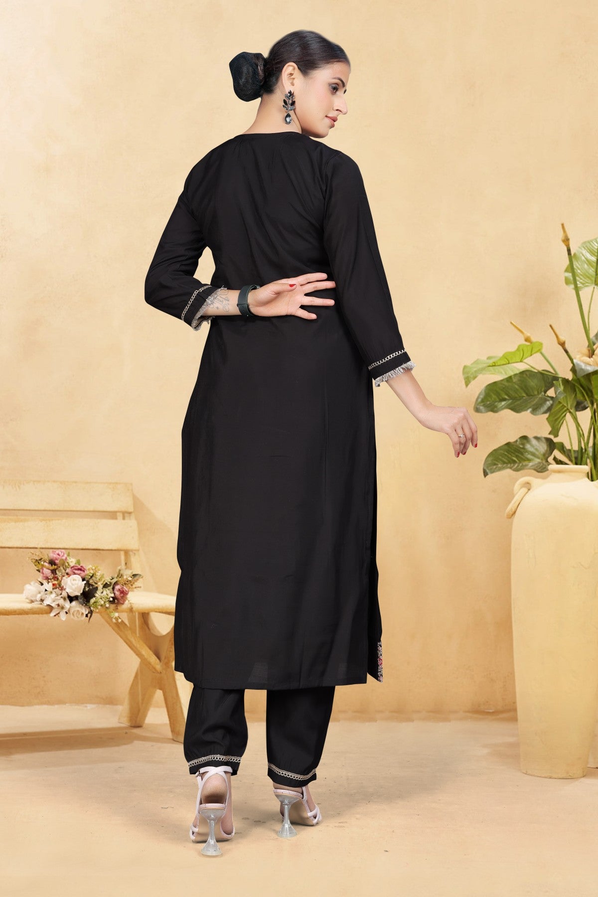 Elegant Black Embroidered Kurta Set with Matching Trousers & Silk Chiffon Dupatta