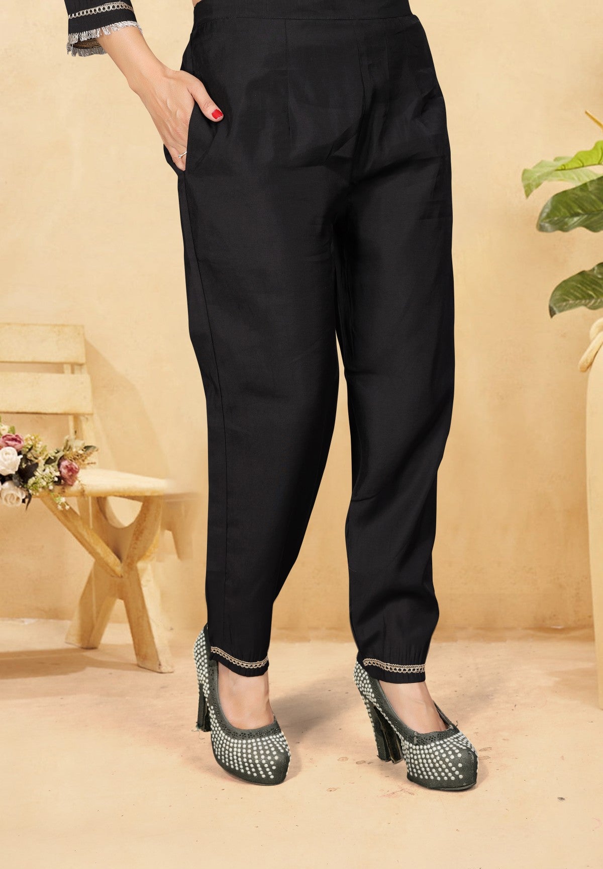 Elegant Black Embroidered Kurta Set with Matching Trousers & Silk Chiffon Dupatta