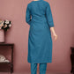 Teal Blue Silk Kurta Set with Floral Thread Embroidery & Printed Dupatta