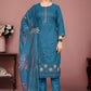 Teal Blue Silk Kurta Set with Floral Thread Embroidery & Printed Dupatta