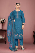 Teal Blue Silk Kurta Set with Floral Thread Embroidery & Printed Dupatta