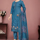 Teal Blue Silk Kurta Set with Floral Thread Embroidery & Printed Dupatta