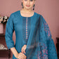 Teal Blue Silk Kurta Set with Floral Thread Embroidery & Printed Dupatta