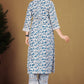 Ocean Blue Floral Printed Cotton Blend Kurta Set with Lace Hem Trousers & Printed Silk Chiffon Dupatta