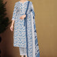 Ocean Blue Floral Printed Cotton Blend Kurta Set with Lace Hem Trousers & Printed Silk Chiffon Dupatta