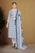 Ocean Blue Floral Printed Cotton Blend Kurta Set with Lace Hem Trousers & Printed Silk Chiffon Dupatta