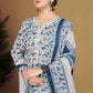 Ocean Blue Floral Printed Cotton Blend Kurta Set with Lace Hem Trousers & Printed Silk Chiffon Dupatta