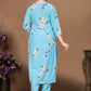 Sky Blue Floral Printed Cotton Blend Kurta Set with Printed Silk Chiffon Dupatta