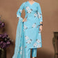 Sky Blue Floral Printed Cotton Blend Kurta Set with Printed Silk Chiffon Dupatta