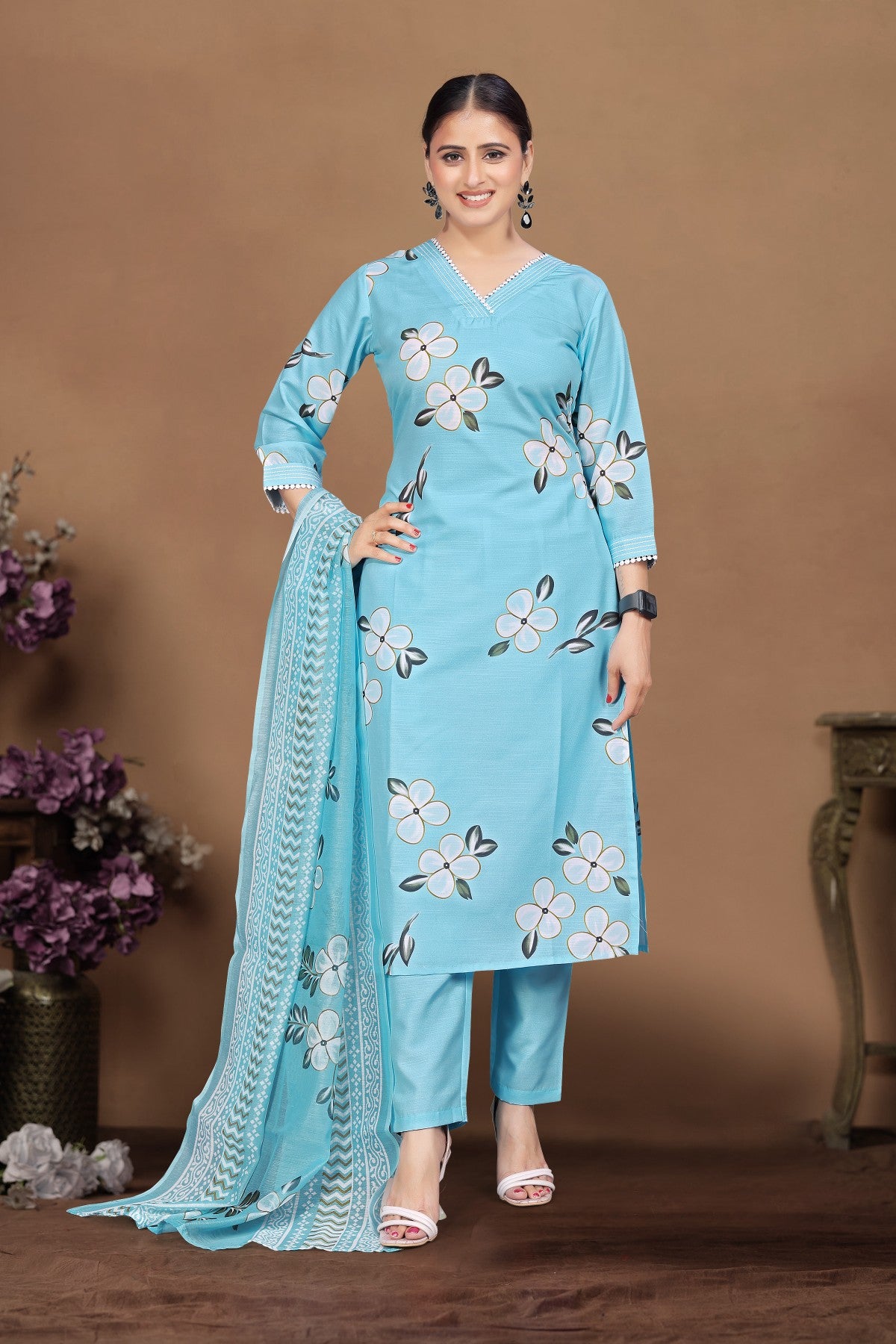Sky Blue Floral Printed Cotton Blend Kurta Set with Printed Silk Chiffon Dupatta