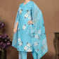 Sky Blue Floral Printed Cotton Blend Kurta Set with Printed Silk Chiffon Dupatta