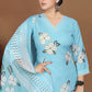 Sky Blue Floral Printed Cotton Blend Kurta Set with Printed Silk Chiffon Dupatta