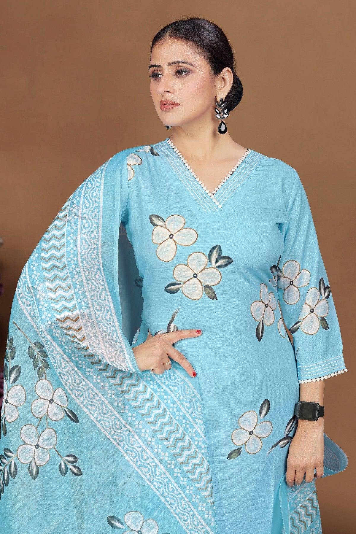 Sky Blue Floral Printed Cotton Blend Kurta Set with Printed Silk Chiffon Dupatta