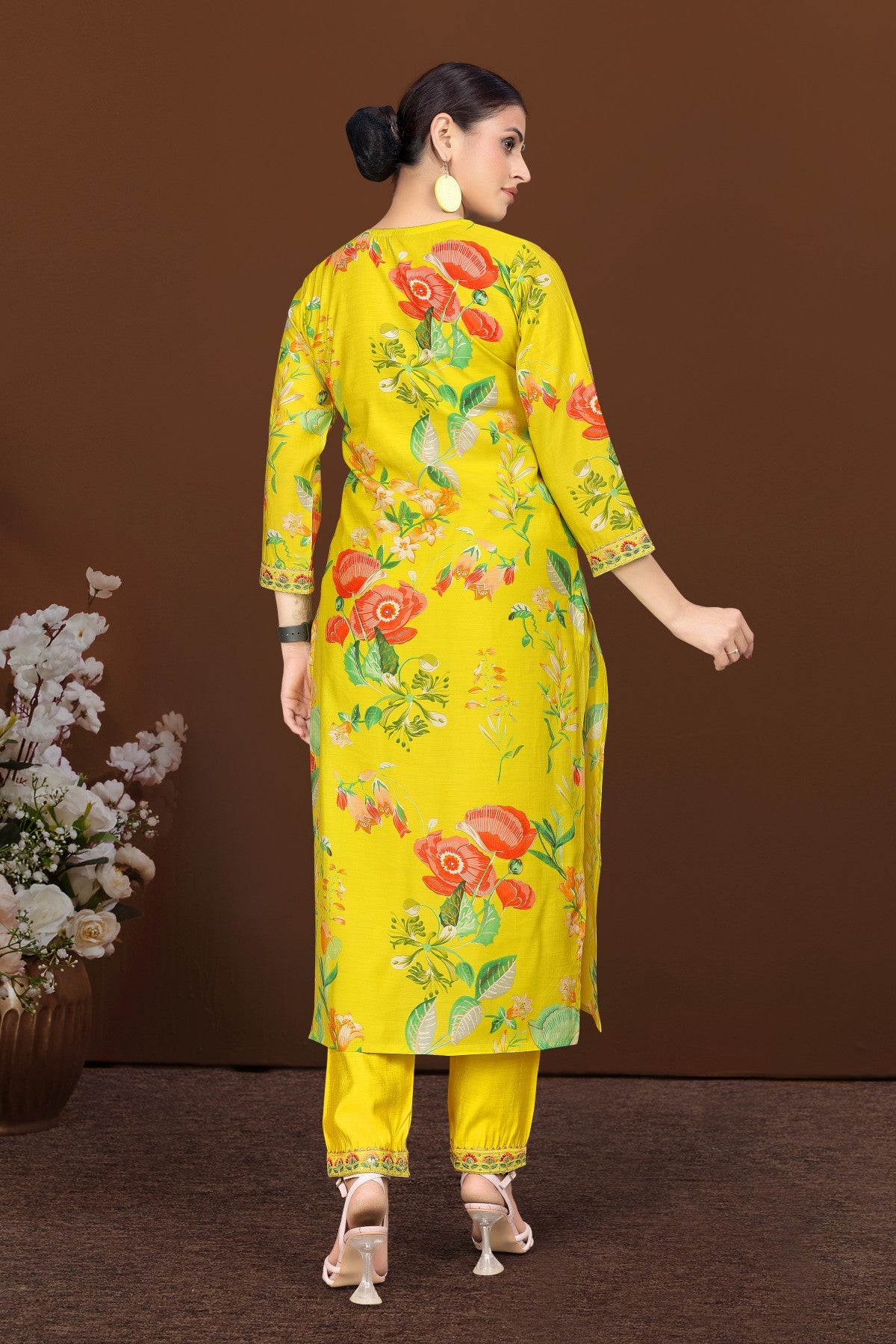 Sunshine Yellow Cotton Blend Kurta Set with Multicolour Floral Print and Embroidered Neck
