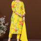 Sunshine Yellow Cotton Blend Kurta Set with Multicolour Floral Print and Embroidered Neck