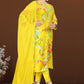 Sunshine Yellow Cotton Blend Kurta Set with Multicolour Floral Print and Embroidered Neck