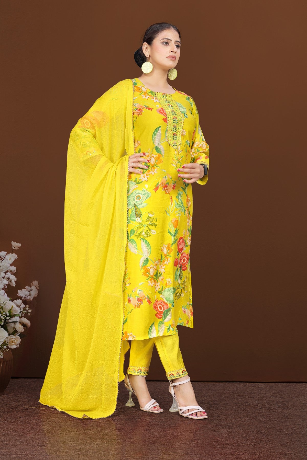 Sunshine Yellow Cotton Blend Kurta Set with Multicolour Floral Print and Embroidered Neck