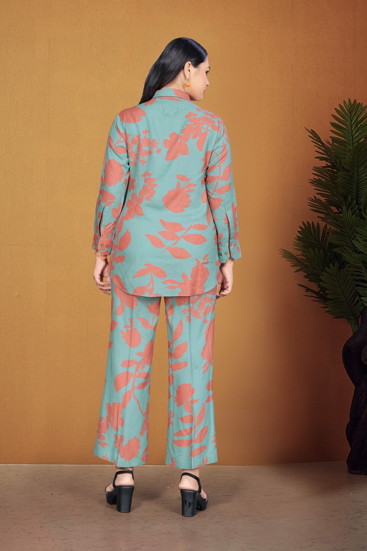 Teal Green Floral Printed Viscose Rayon Co-Ord Set with Shirt Collar