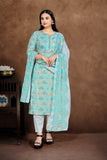 Sky Blue Silk Blend Kurta Set with Printed Motifs & Coordinated Dupatta