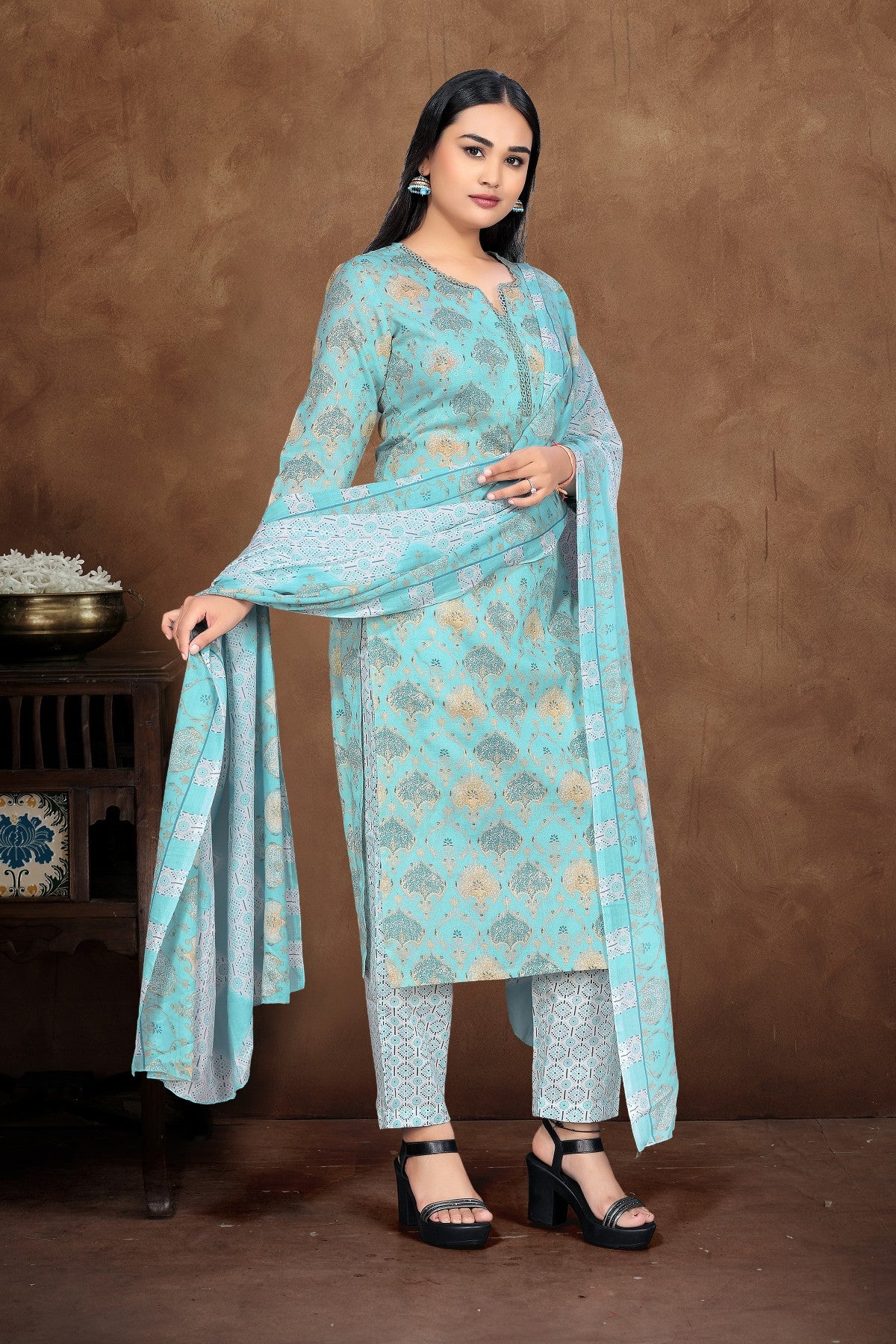 Sky Blue Silk Blend Kurta Set with Printed Motifs & Coordinated Dupatta