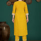 Mustard Yellow Silk Blend Kurta Set with White Thread Embroidery & Solid Dupatta